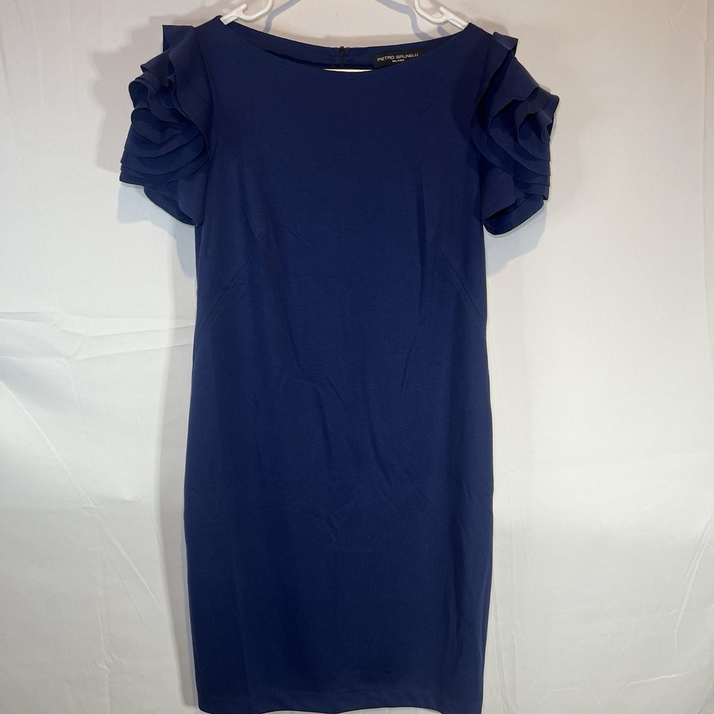Pietro Brunelli Dress Women Small Navy Blue Salisburgo Ruffle Puff Sleeve Italy‎